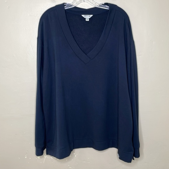 ORVIS Sweatshirt Blue Black V-Neck Boxy Popover Relaxed Fit Drop Shoulder Fleece - Picture 1 of 10